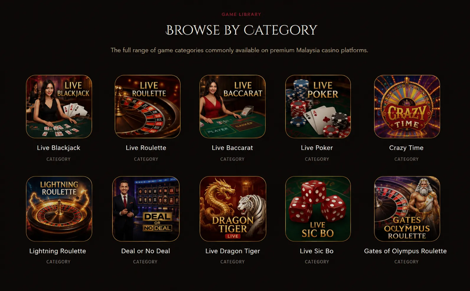 Ten live casino game categories including blackjack, roulette, baccarat, poker and Sic Bo
